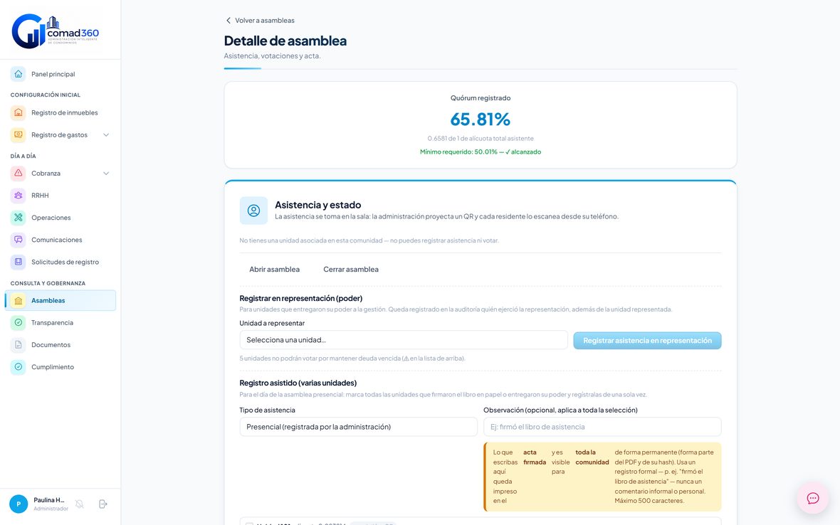 Pantalla de la asamblea con su quórum